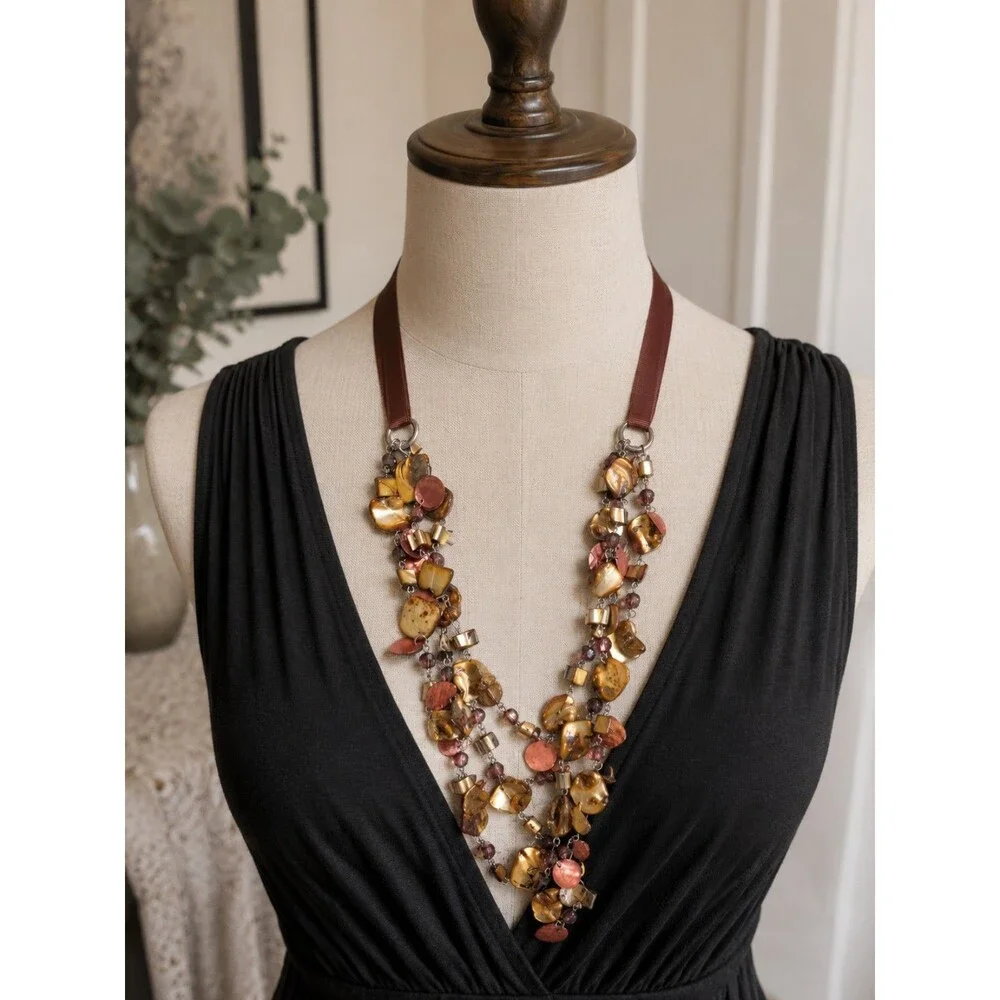Boho Multi Strand Shell Bead Statement Necklace, Earth Tone Chunky Jewelry